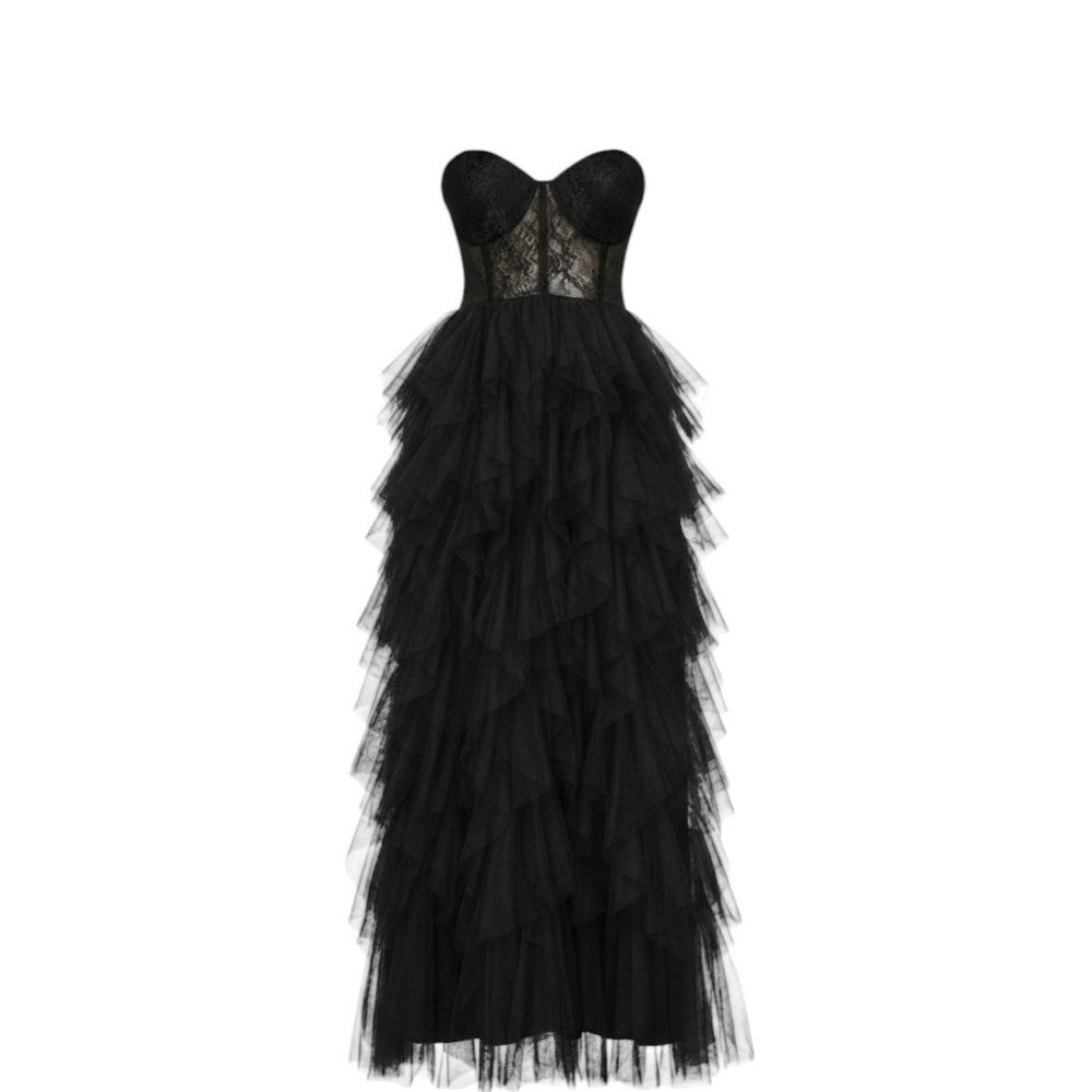 Faeriesty Maxi Dress Sz 1XL Black Lace Corset Tiered Tulle Gown Goth Prom